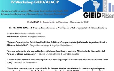 Programación del IV Workshop del Grupo de Investigación Estado, Instituciones y Desarrollo (GIEID/ALACIP) «América Latina ante el Malestar Económico del Siglo XXI: Estado, Instituciones y Desarrollo en Tiempos Complejos» – Lunes, 4 de Agosto (4/8)